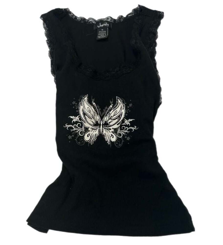 Vintage Y2K Black Butterfly Ribbed Tank Top